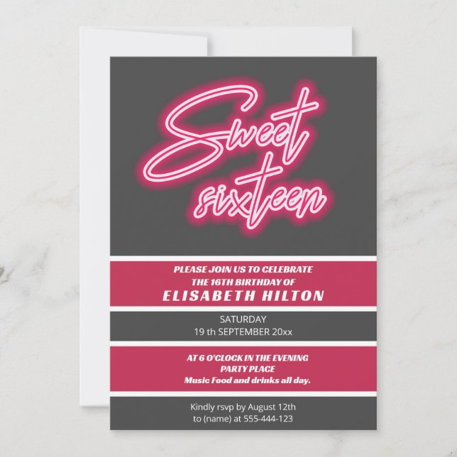 Invitation Cool fun néon typographie rayures doux 16 (Devant)