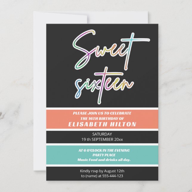 Invitation Cool fun néon typographie rayures doux 16 (Devant)