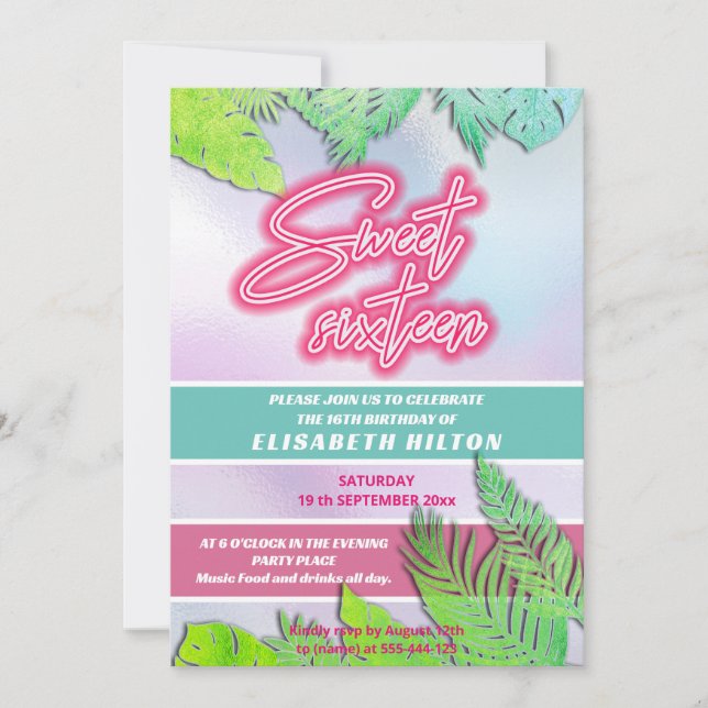Invitation Cool fun néon typographie rayures doux 16 invitati (Devant)