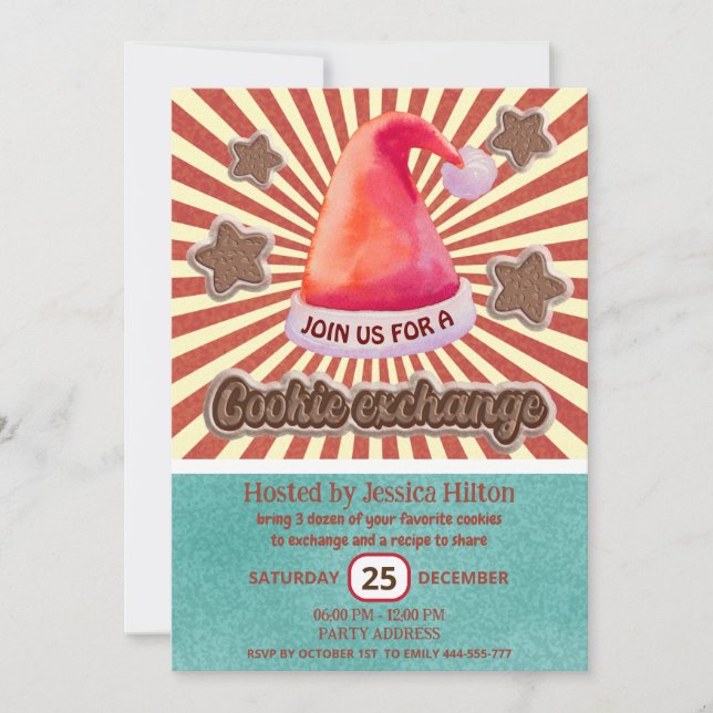Invitation Cool fun retro santa hat échange de biscuit (Devant)