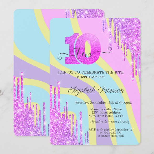 Invitation Cool Glitter Drips Groovy 10e Anniversaire  (Devant / Derrière)