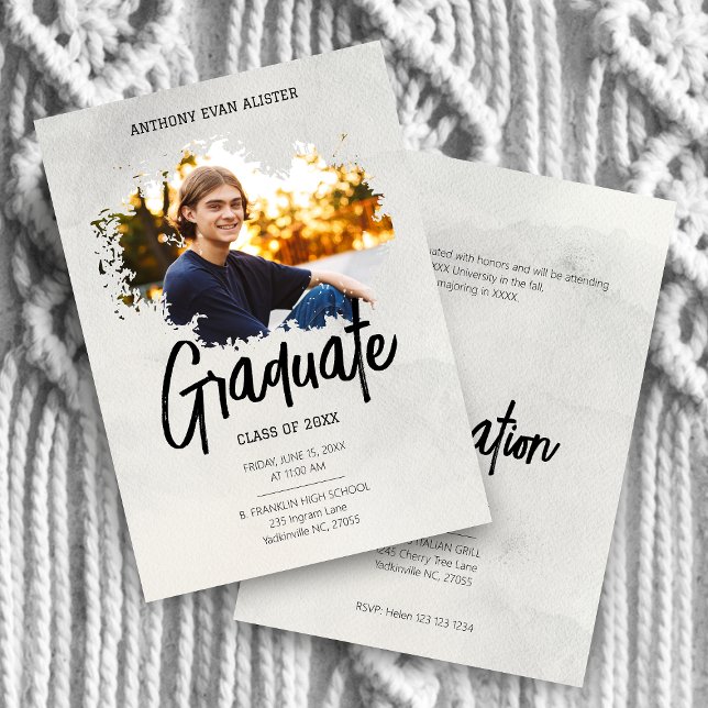Invitation Cool Grey Modern Grunge Brushstroke Graduation (Créateur téléchargé)