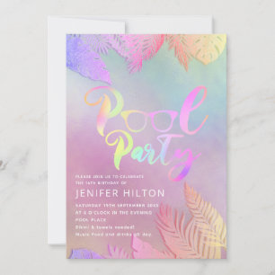Invitation Cool holographique tropical feuille script pool