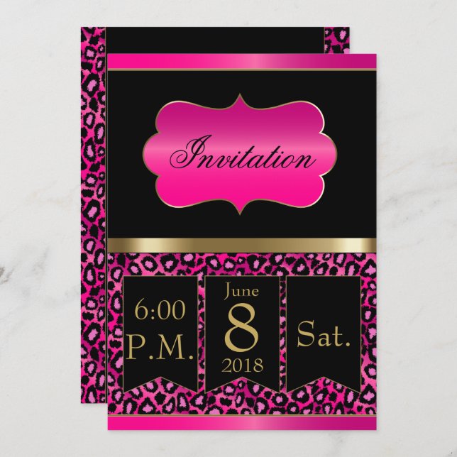 Invitation cool Hot Pink & Black Leopard Party (Devant / Derrière)