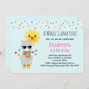 Invitation Cool Llama et souriant Kawaii Anniversaire du sole