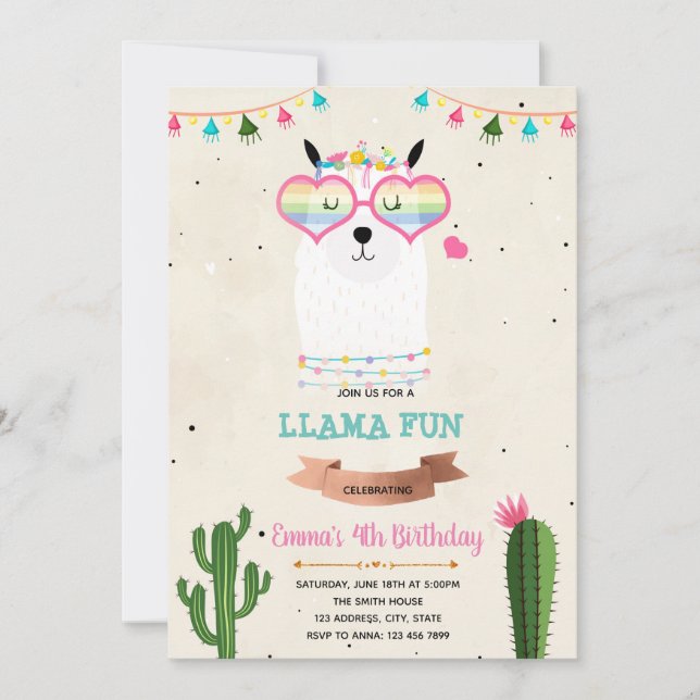 Invitation Cool llama fille fiesta anniversaire douche invita (Devant)