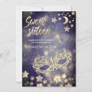 Invitation Cool Masquerade lune & étoiles sweet sixteen
