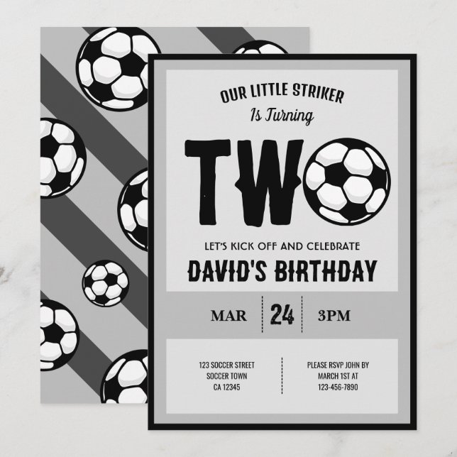 Invitation Cool Modern Little Striker Soccer 2e anniversaire (Devant / Derrière)