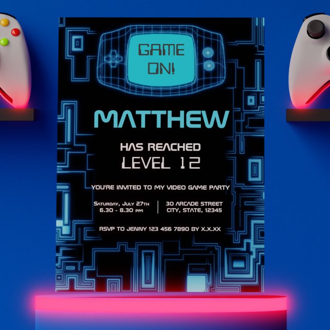 Invitation Cool Modern Marine Bleu Black Ado Vidéo partie (Cool Modern Navy Blue Black Teen Video Game Night Invitation)