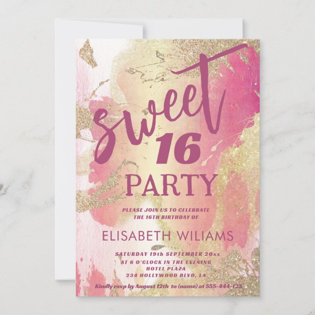 Invitation Cool moderne blush rose or aquarelle glitore (Devant)