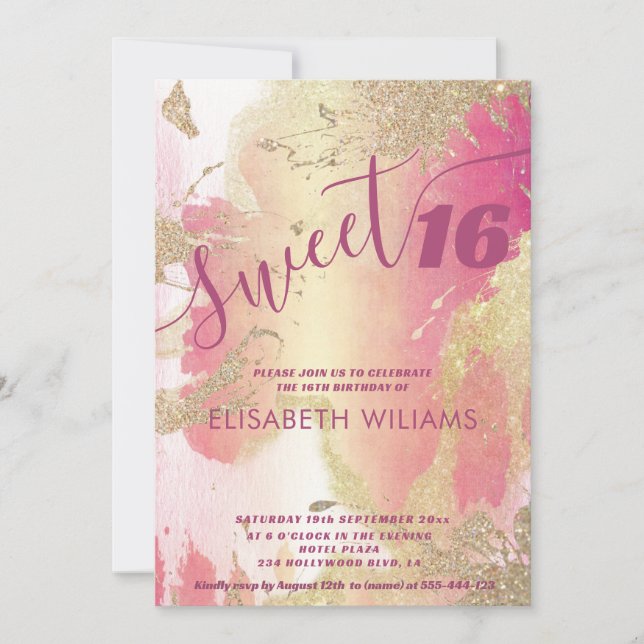 Invitation Cool moderne blush rose or aquarelle glitore (Devant)