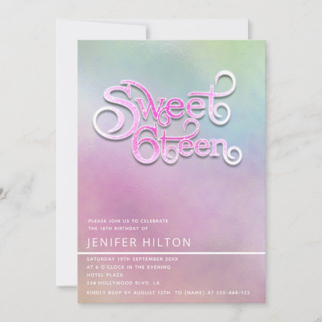 Invitation Cool moderne holographique typographie sweet sixte (Devant)