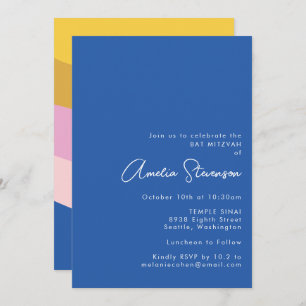 Invitation Cool moderne rétro Grandes  Bleu Jaune Bat mitzvah