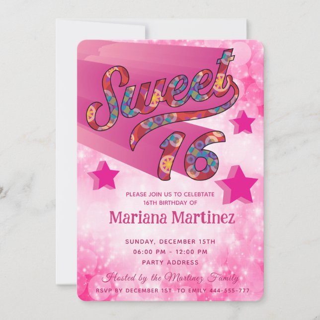 Invitation Cool moderne super star typographie rose (Devant)