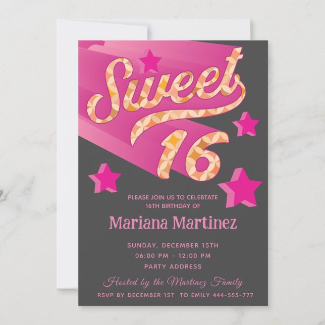 Invitation Cool moderne super star typographie rose (Devant)