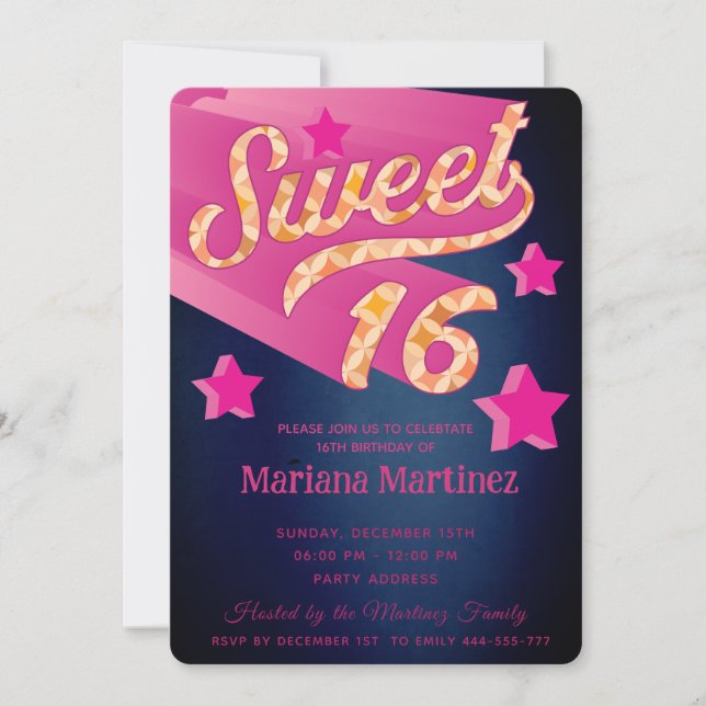 Invitation Cool moderne super star typographie rose bleu (Devant)