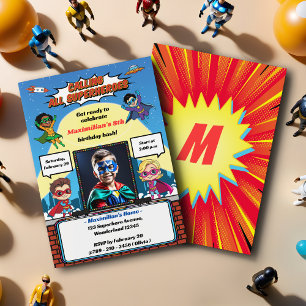 Invitation Cool Moderne Superhero Caricature Photo Anniversai