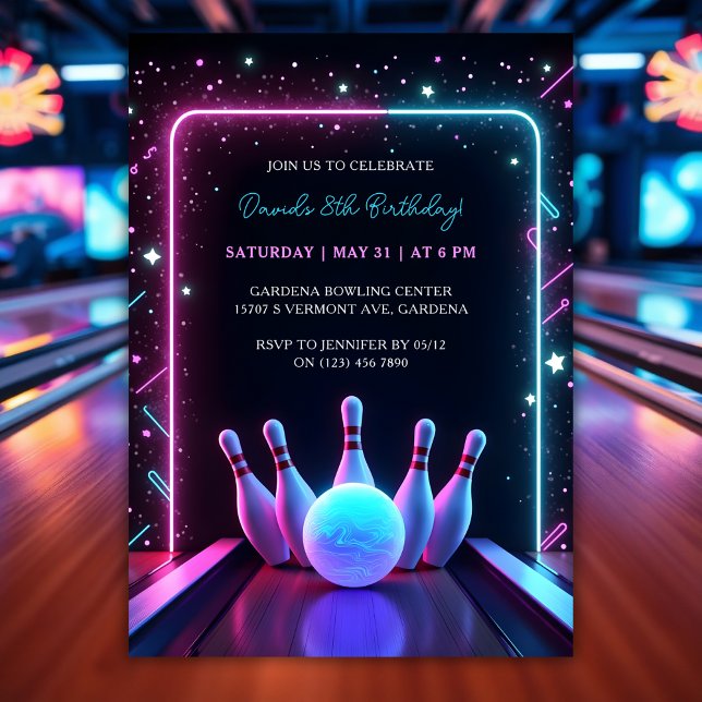 Invitation Cool Neon Glow Bowling fête d'anniversaire (Cool Neon Glow Bowling Birthday Party Invitation)