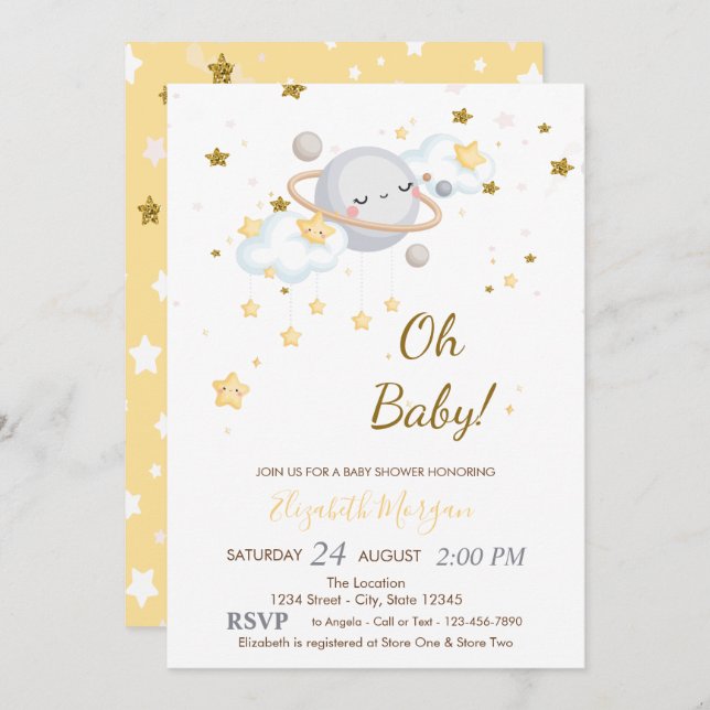 Invitation Cool Oh Baby Planet Nuages Etoiles Baby shower (Devant / Derrière)