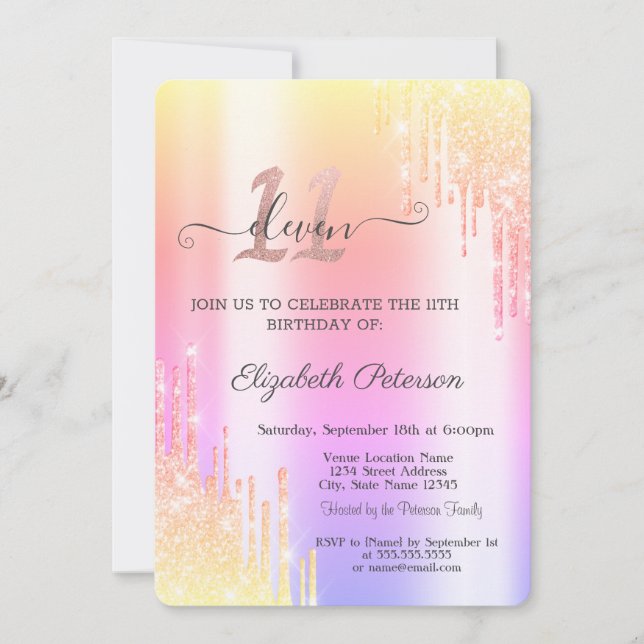 Invitation Cool Ombre Parties scintillant Drips 11e anniversa (Devant)