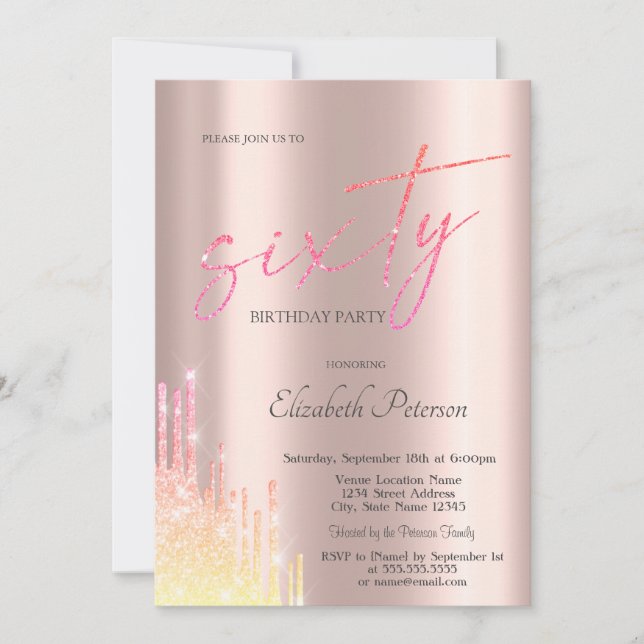 Invitation Cool Ombre Parties scintillant Drips Rose Gold 60e (Devant)