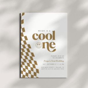 Invitation Cool One Boy's First Birthday Gold Checker Retro