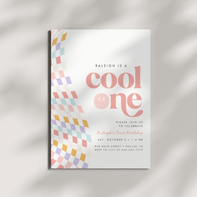 Invitation Cool One Girl's First Birthday À damiers Retro (Créateur téléchargé)