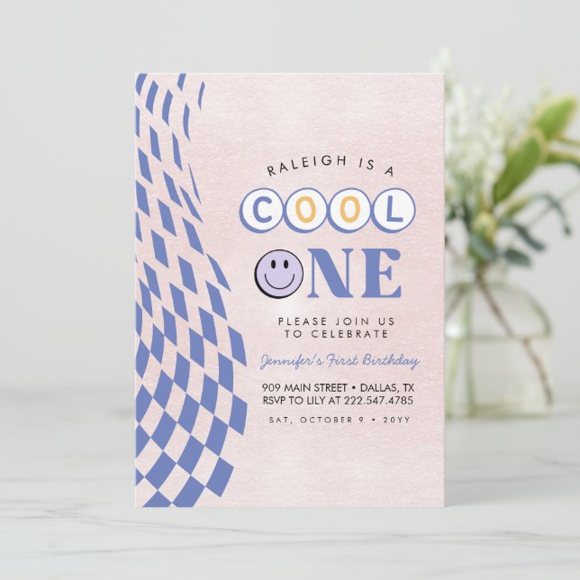 Invitation Cool One Girl's First Birthday À damiers Retro (Debout devant)