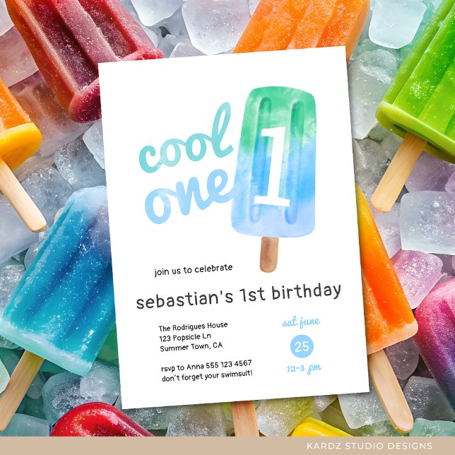 Invitation Cool One Popsicle Boy 1er anniversaire (Invite shown in 5 x 7 inches, choose size, paper and corner style. Buy print or digital invitations.)