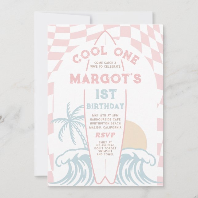 Invitation Cool One Surf Surf board 1er anniversaire (Devant)