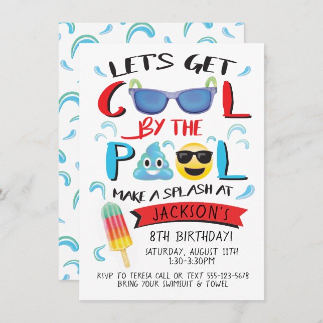 Invitation Cool par la Pool Emoji Boy Birthday Party (Devant / Derrière)