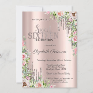 Invitation Cool Parties scintillant  Rose Gold Roses Sweet 16