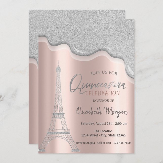 Invitation Cool Parties scintillant, Tour Eiffel Quinceañera (Devant / Derrière)