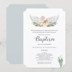 Invitation Cool Pêche Aquarelle Florales Ange Ailes Baptême