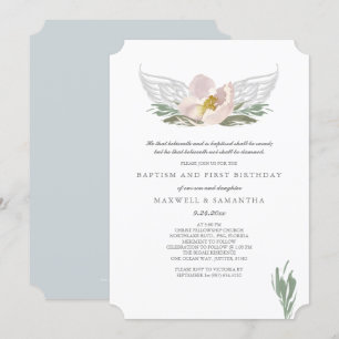 Invitation Cool Pêche Aquarelle Florales Ange Ailes Baptême