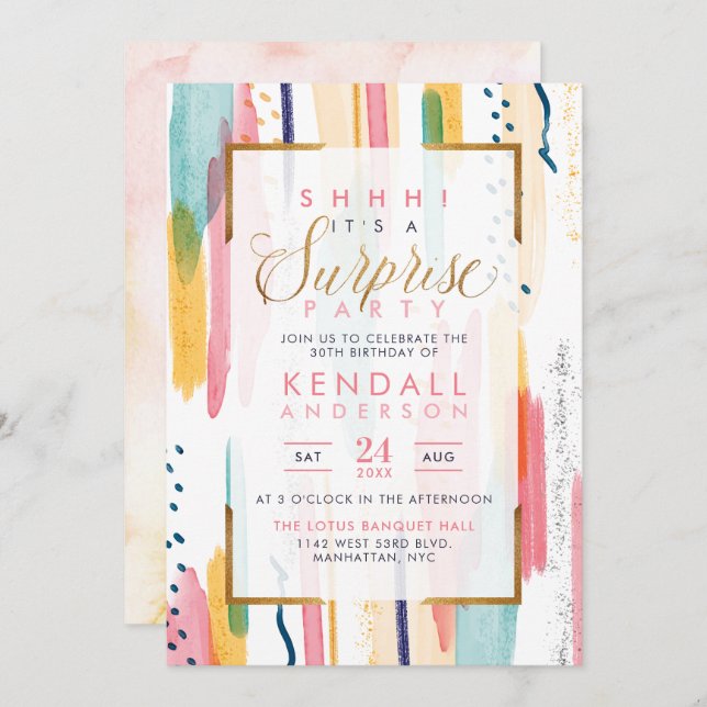 Invitation Cool Pink Watercolor Memphis Chic Surprise Party (Devant / Derrière)