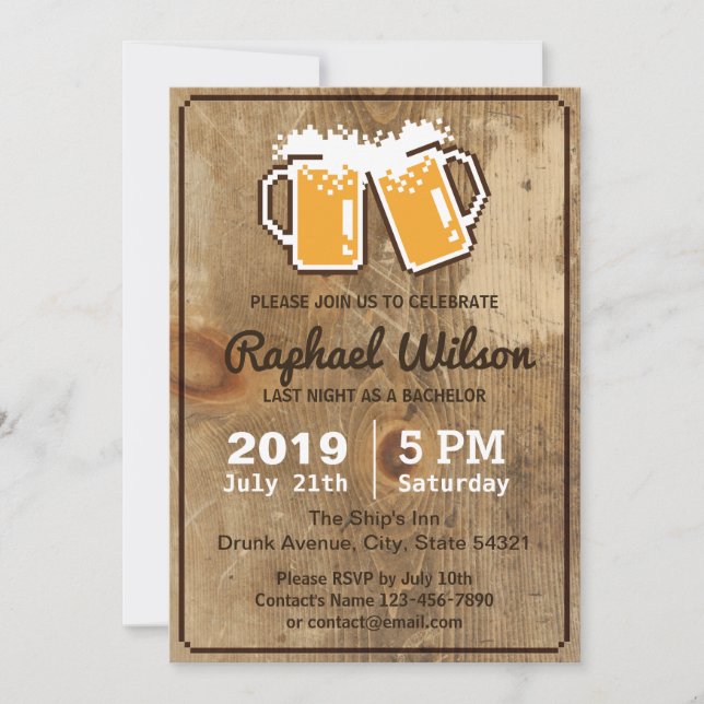 Invitation Cool Pixel Beers & Deck Wood Bachelor Party Card (Devant)
