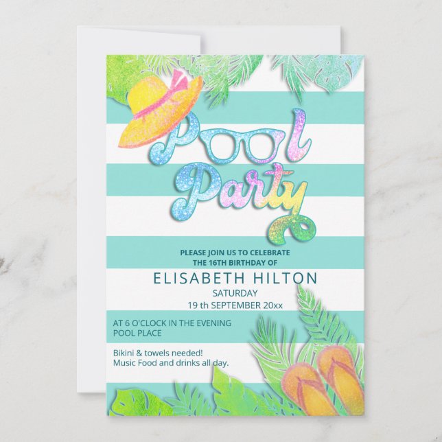 Invitation Cool plaisir été script pool fête d'anniversaire (Devant)