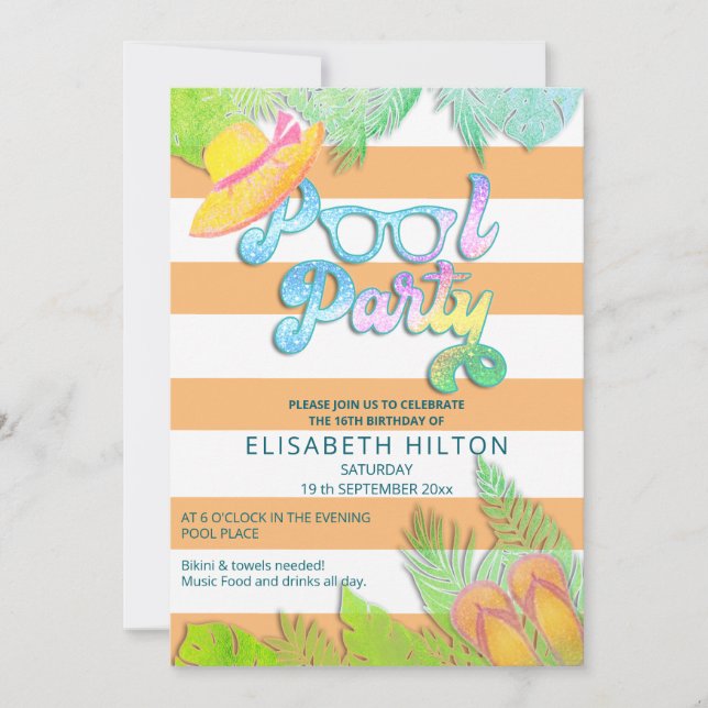 Invitation Cool plaisir été script pool fête d'anniversaire (Devant)