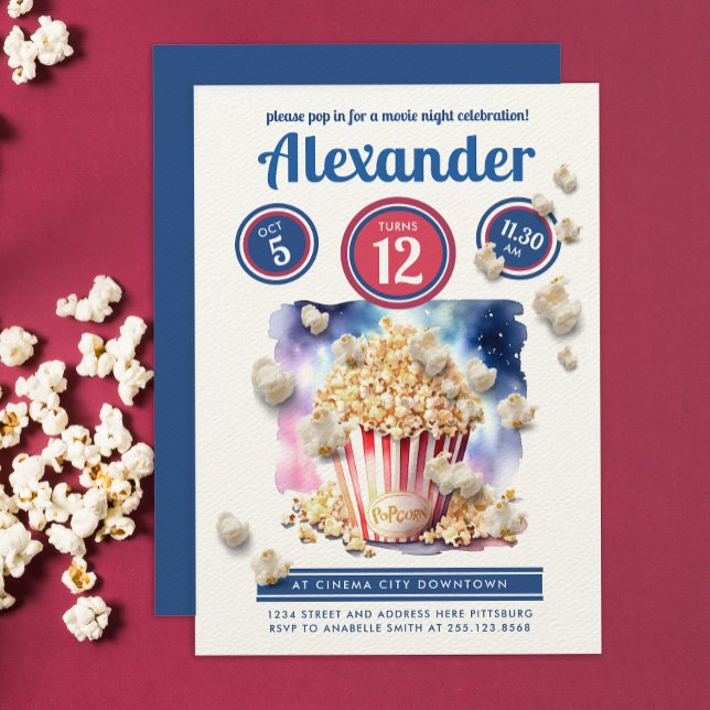 Invitation Cool Popcorn Film Nuit Cinéma Fête Aquarelle (Créateur téléchargé)