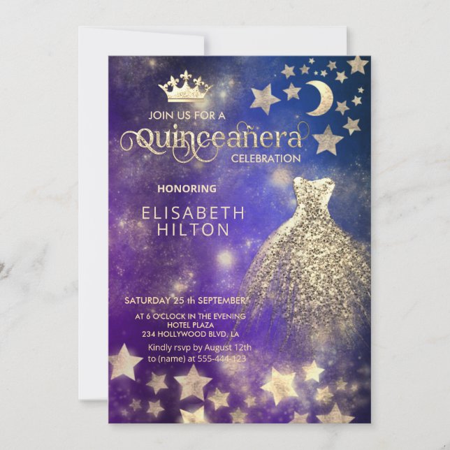 Invitation Cool princesse robe céleste étoiles lune (Devant)