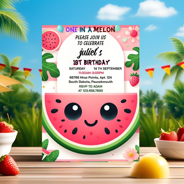 Invitation cool rose été un dans un melon premier 1er anniver (Créateur téléchargé)