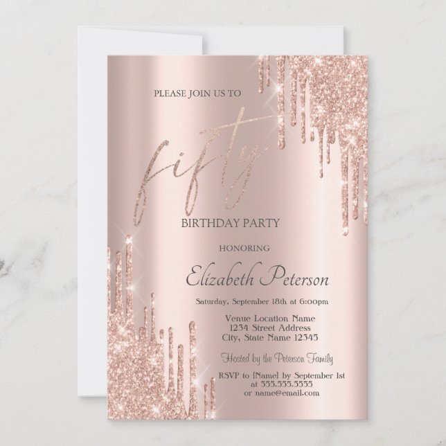 Invitation Cool Rose Gold Parties scintillant Drips 50e anniv (Devant)