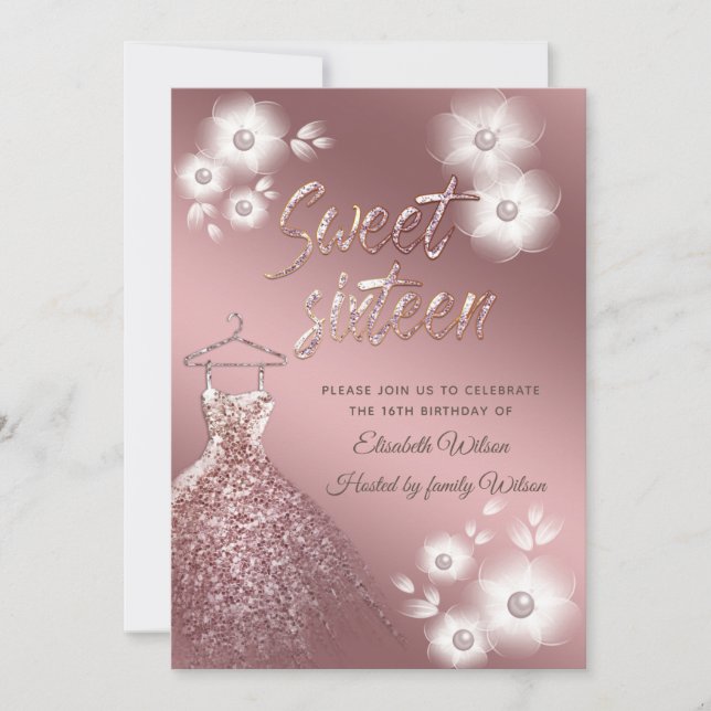 Invitation Cool Rose or robe perle sweet sixteen fleuri  (Devant)
