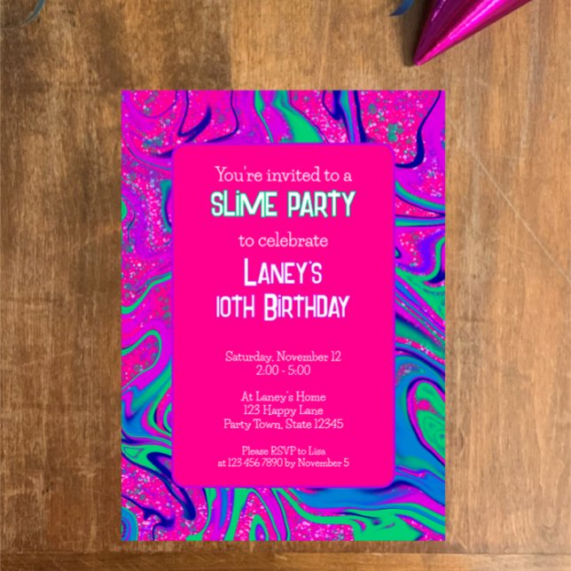Invitation Cool Rose Turquoise Parties scintillant Filles Ann (Hot pink cool trendy colorful slime birthday party invitation. Custom text sparkle retro fun party.)