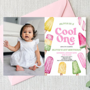 Invitation Cool rose Un Popsicle Photo 1er anniversaire fête