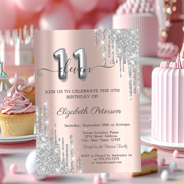 Invitation Cool Silver Drips Rose Gold 11e anniversaire (Créateur téléchargé)