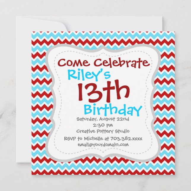 Invitation Cool tendance Turquoise Turquoise Rouge Chevron Zi (Devant)