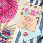 Invitation Cool Tropical Summer Pool Party Anniversaire<br><div class="desc">Cette invitation à la fête d'anniversaire, sur le thème de la piscine, est idéale pour l'été ou le printemps. Il présente des illustrations dessinées à la main, dont des flottements de piscine, une boisson à l'ananas, une boule, des feuilles monstres, de la crème glacée, un popsicle, une tranche de pastèque,...</div>