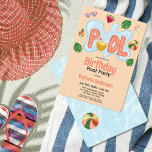 Invitation Cool Tropical Summer Pool Party Anniversaire Invit<br><div class="desc">Cette invitation à la fête d'anniversaire, sur le thème de la piscine, est idéale pour l'été ou le printemps. Il présente des illustrations dessinées à la main, dont des flottements de piscine, une boisson à l'ananas, une boule, des feuilles monstres, de la crème glacée, un popsicle, une tranche de pastèque,...</div>